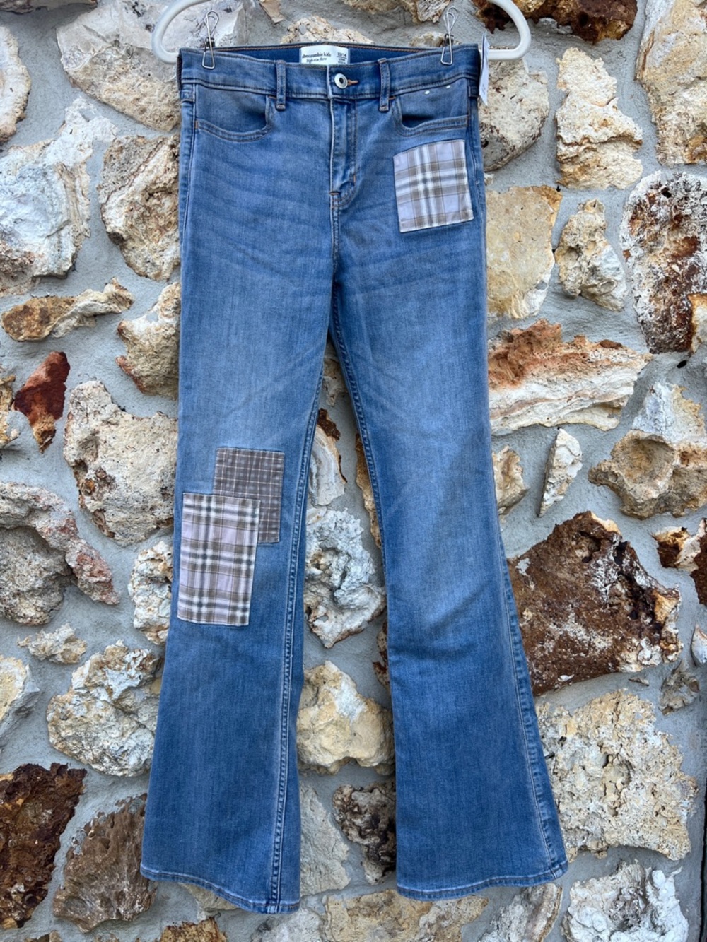 Abercrombie kids high rise flare Jeans with Plaid patch Accents